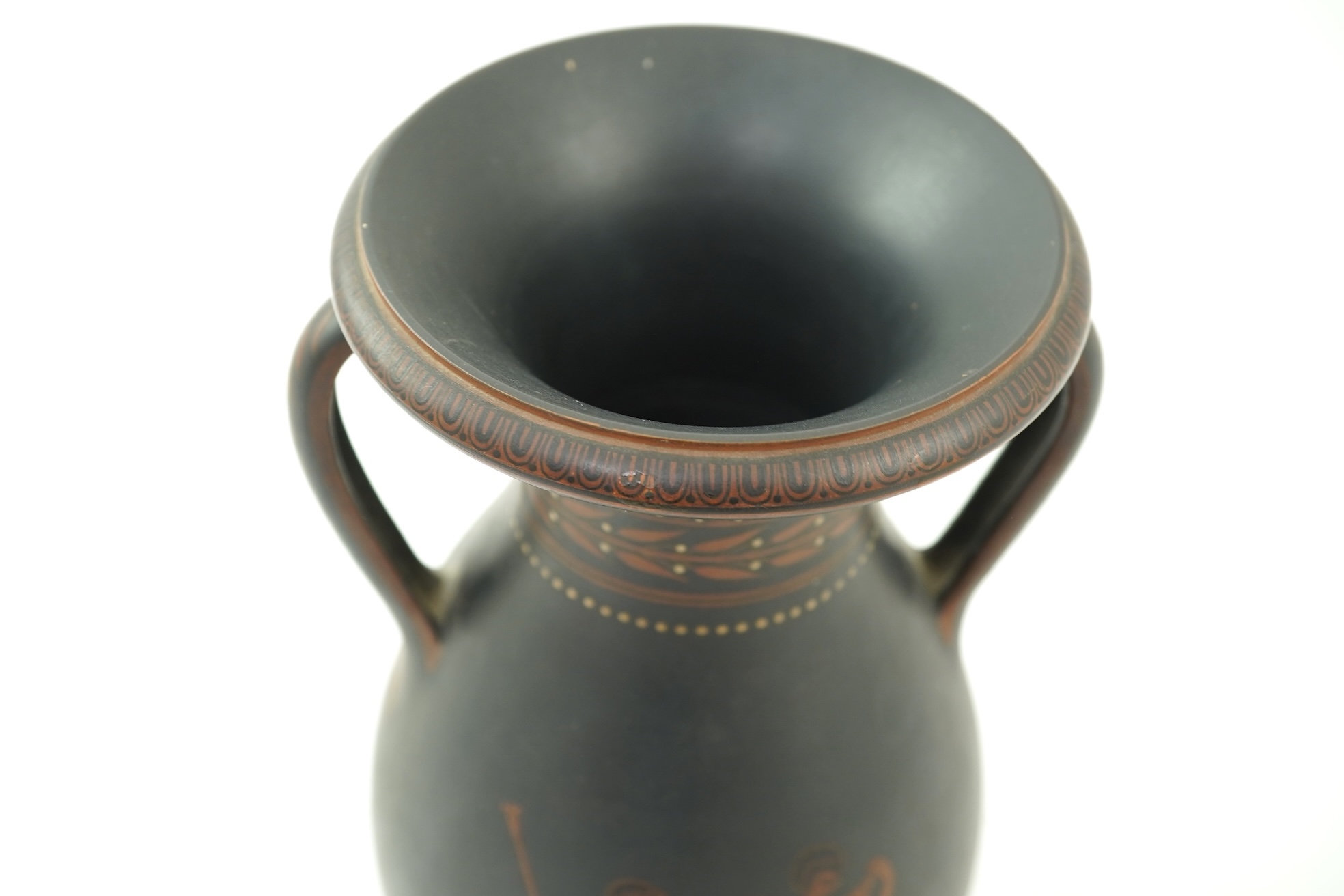 A rare Wedgwood encaustic decorated black basalt two handled baluster vase, late 18th century